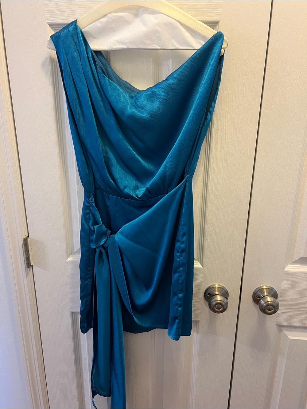 One-Shoulder Teal Satin Dress with Side Tie
